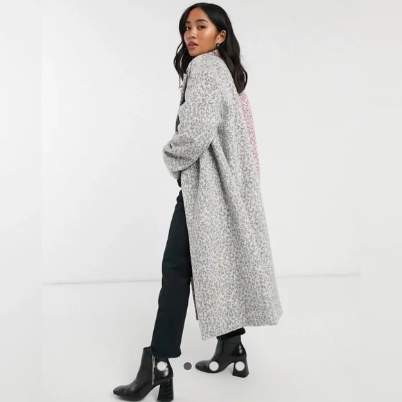 ASOS DESIGN PETITE Mix Gray Pink Leopard Cheetah Animal Print Brushed Coat - Picture 3 of 14